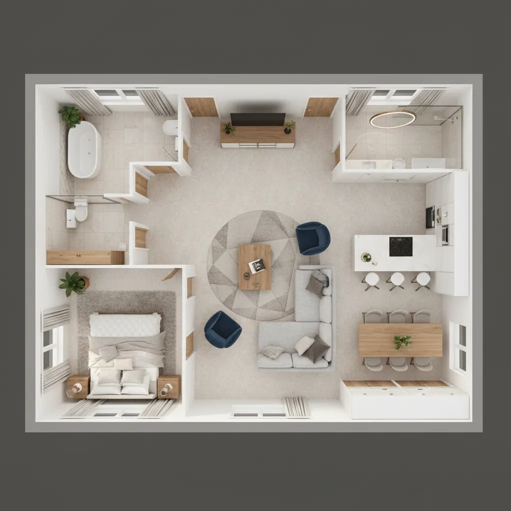 Modern 3D apartment floor plan with bedroom living room kitchen dining area and two bathrooms