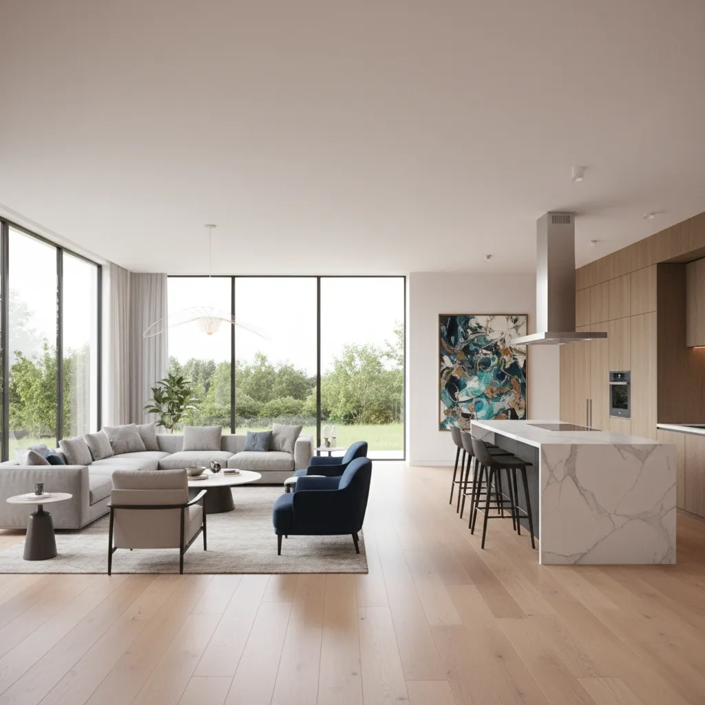 Modern open plan living room and kitchen with grey sofa blue chairs and marble island