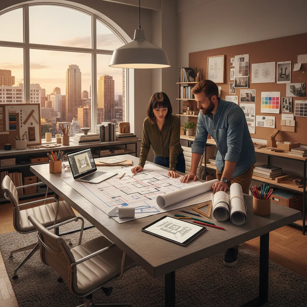Diseñador de interiores revisando plano de vivienda y distribución eléctrica