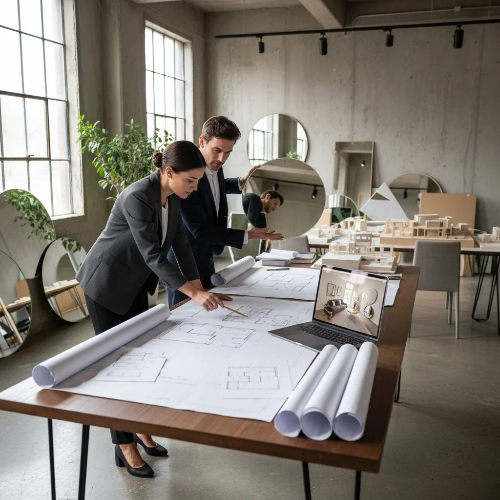 Two designers looking at interior design drawings on a table with a laptop and mirrors