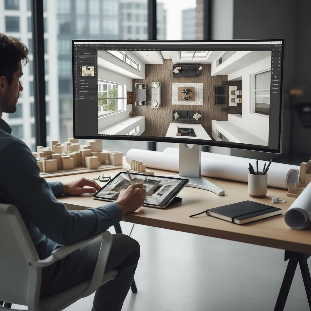 Designer using tablet and large computer monitor to create 3D interior design drawing of living room