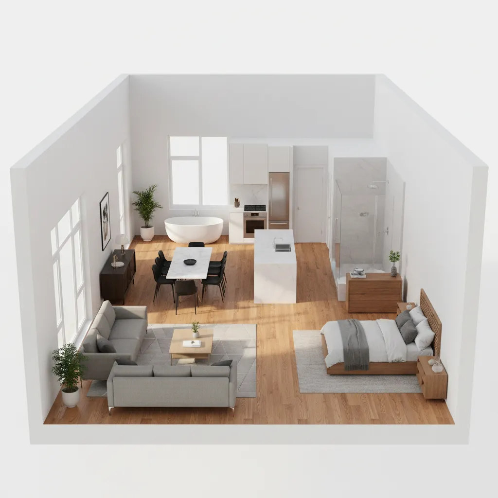 Visualización 3D de plano interior de apartamento