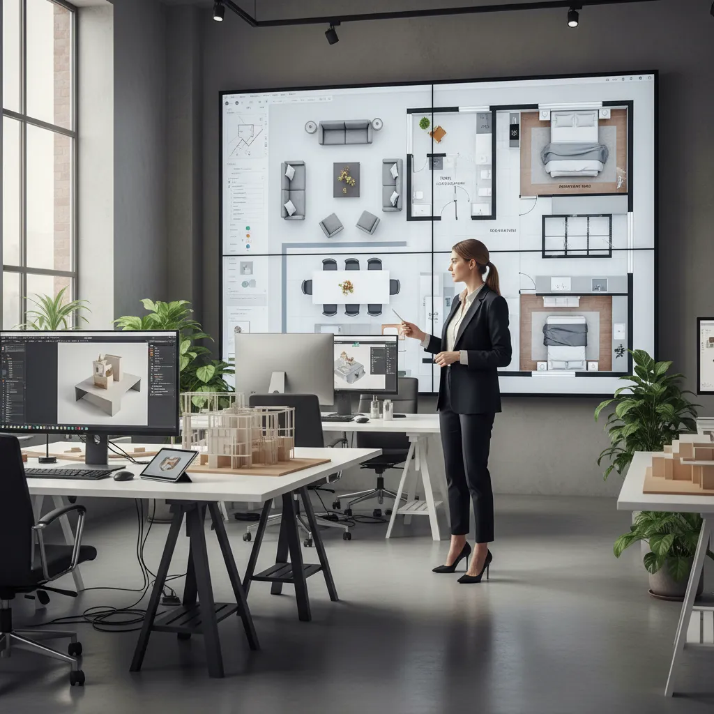 Professional woman pointing at large screen showing interior design layout with furniture in modern office