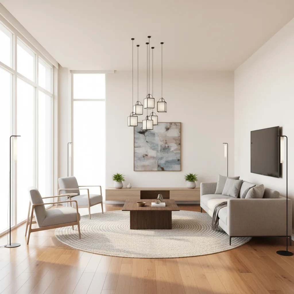 salón contemporáneo con equilibrio entre iluminación y mobiliario