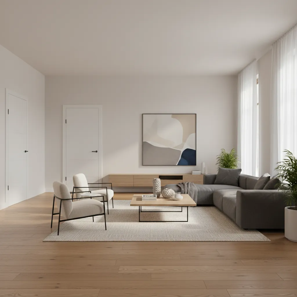 Salón moderno con puertas blancas integradas en el diseño interior
