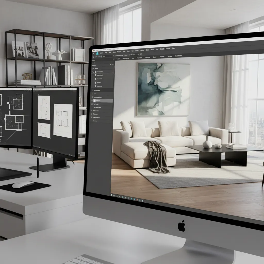 Pantalla mostrando un render 3D de un diseño de salón moderno