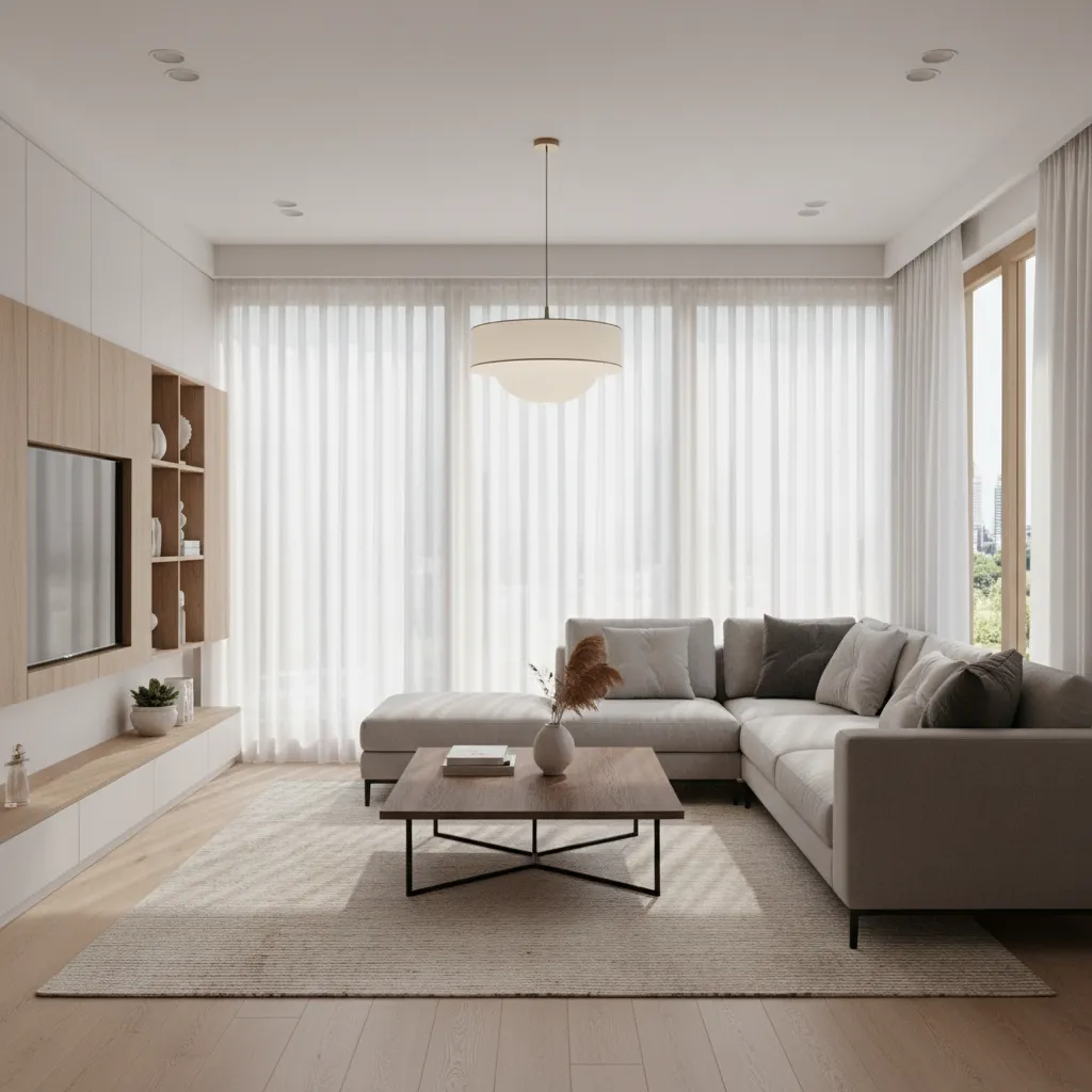 Modern living room featuring a large sofa, wooden coffee table, white curtains, and ceiling light