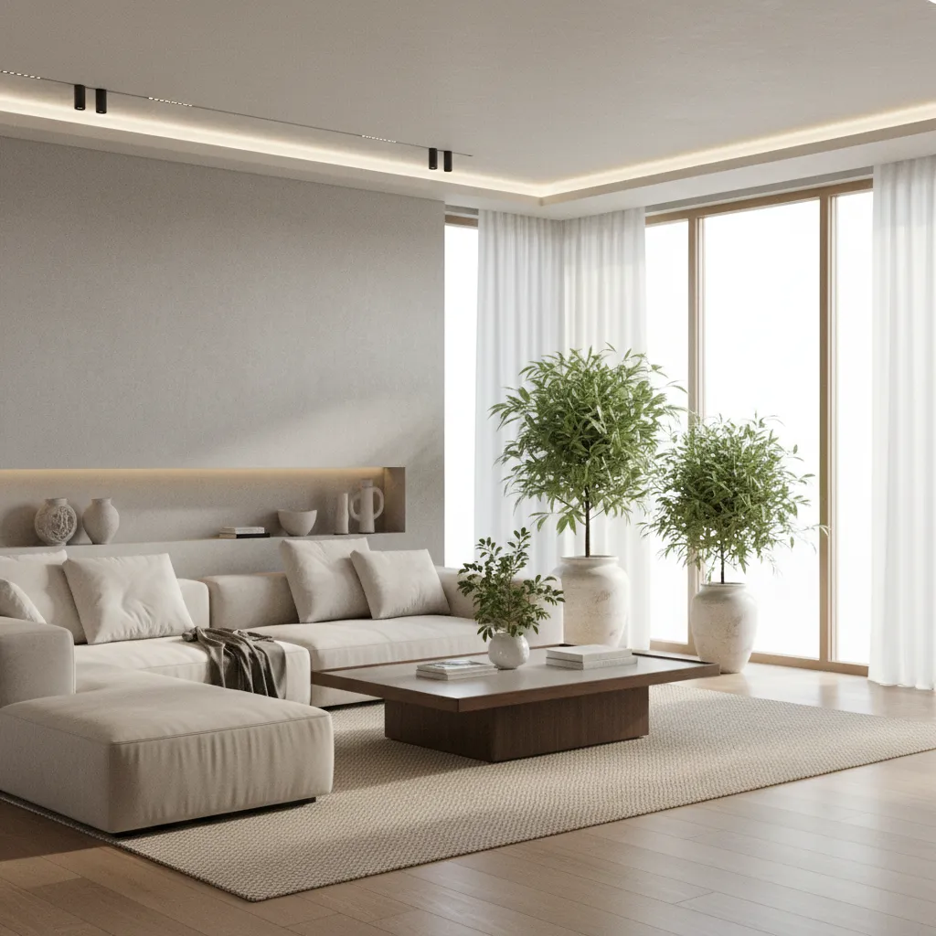 Render realista de un salón moderno generado con software de diseño de interiores