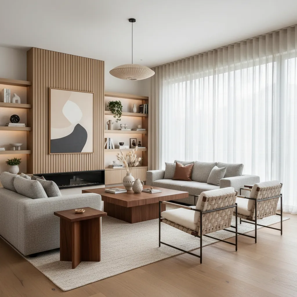 Proyecto terminado de sala moderna diseñada por un diseñador de interiores