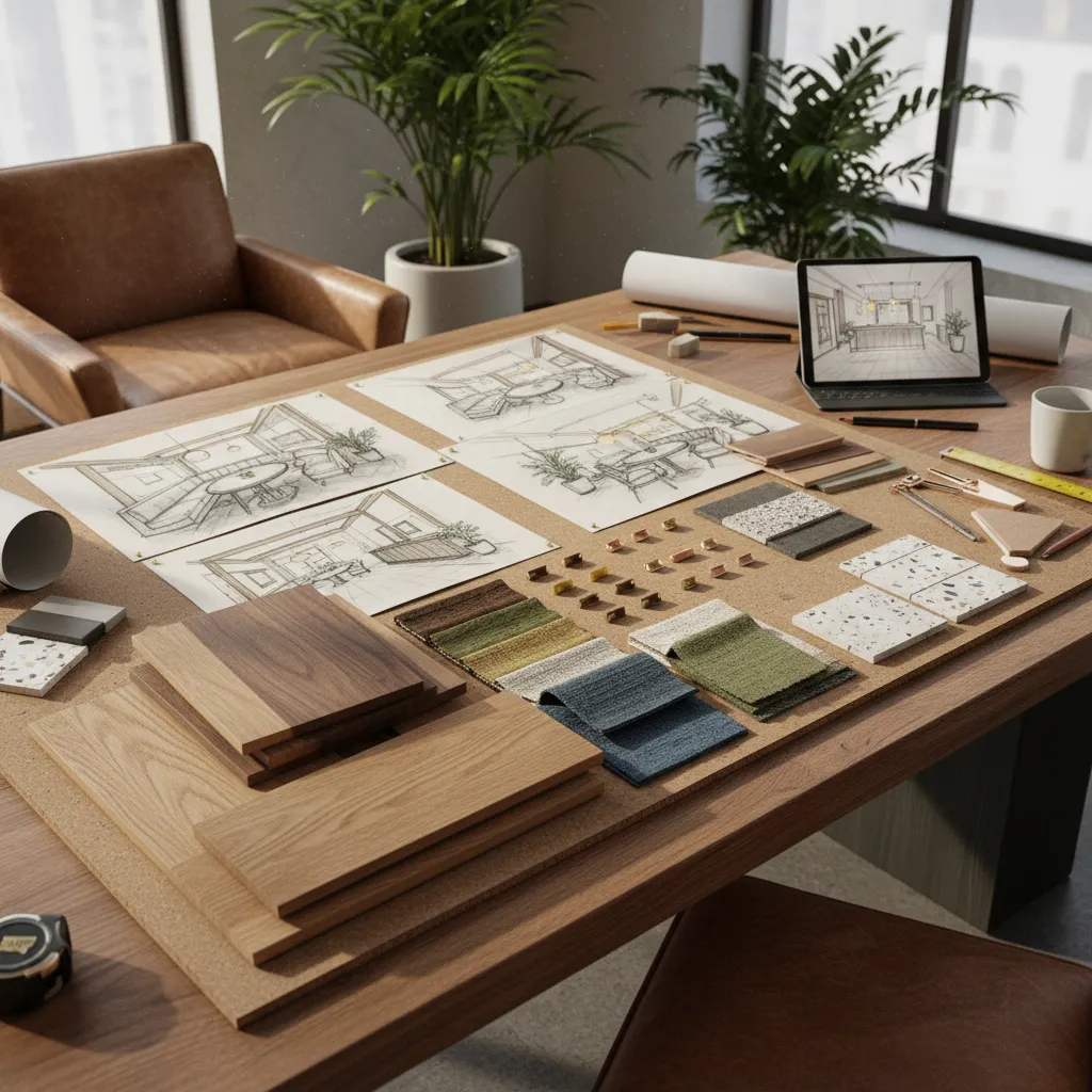 Concepto de diseño interior para restaurante con materiales y bocetos