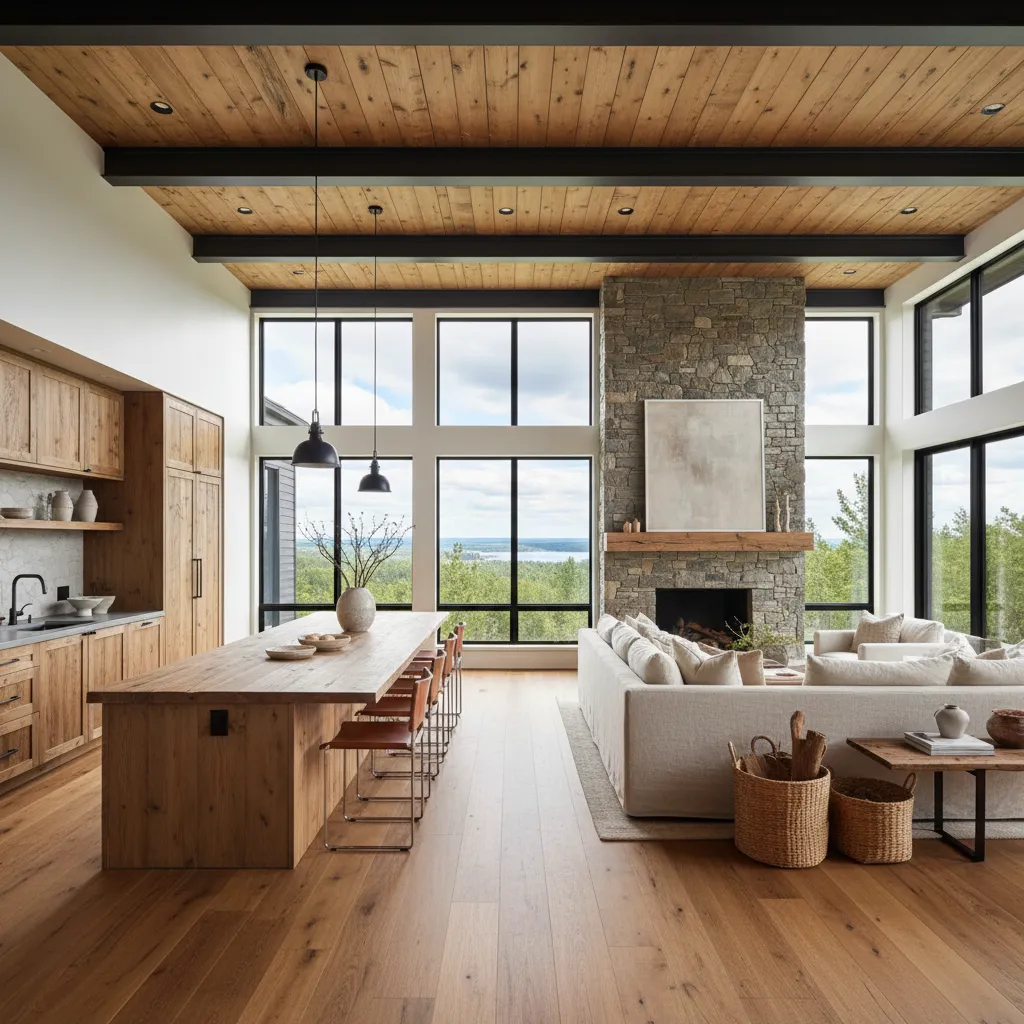 Diseño interior rústico moderno con cocina abierta y madera natural
