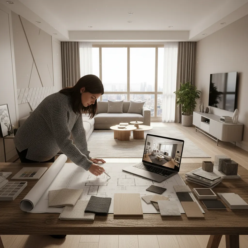 Woman designer working on floor plan layout with material samples and modern living room background