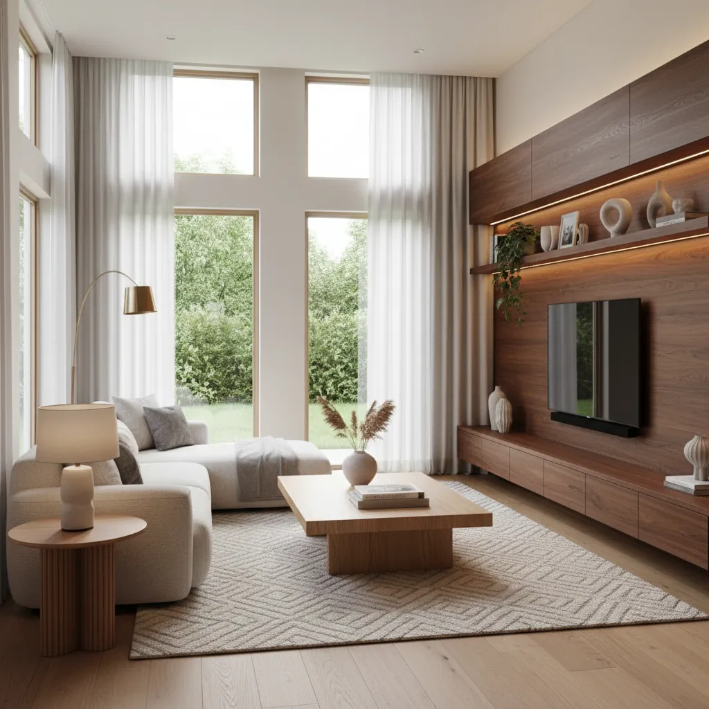 Diseño interior de salón moderno con iluminación y mobiliario equilibrado