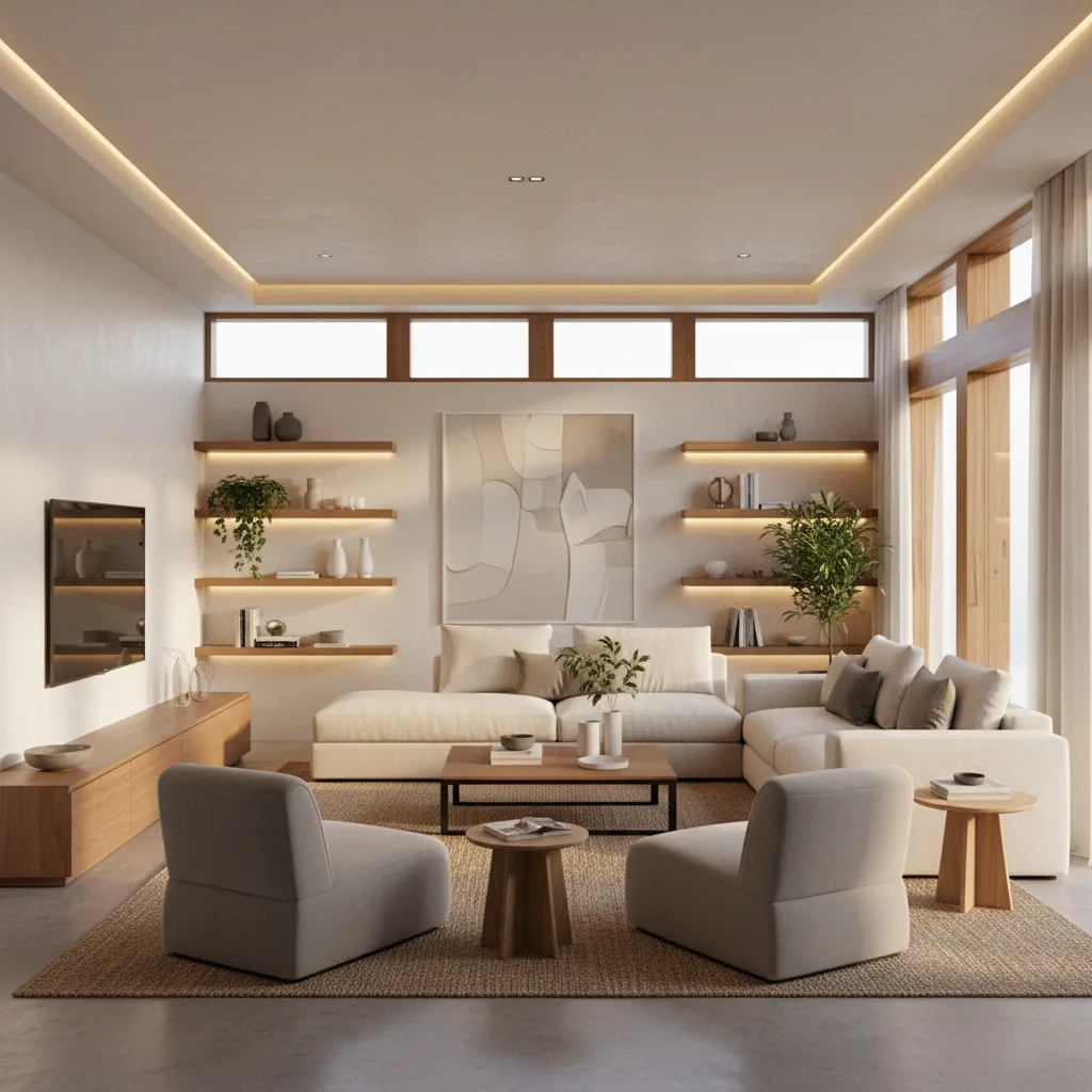 Salón moderno bien distribuido con iluminación natural y mobiliario equilibrado