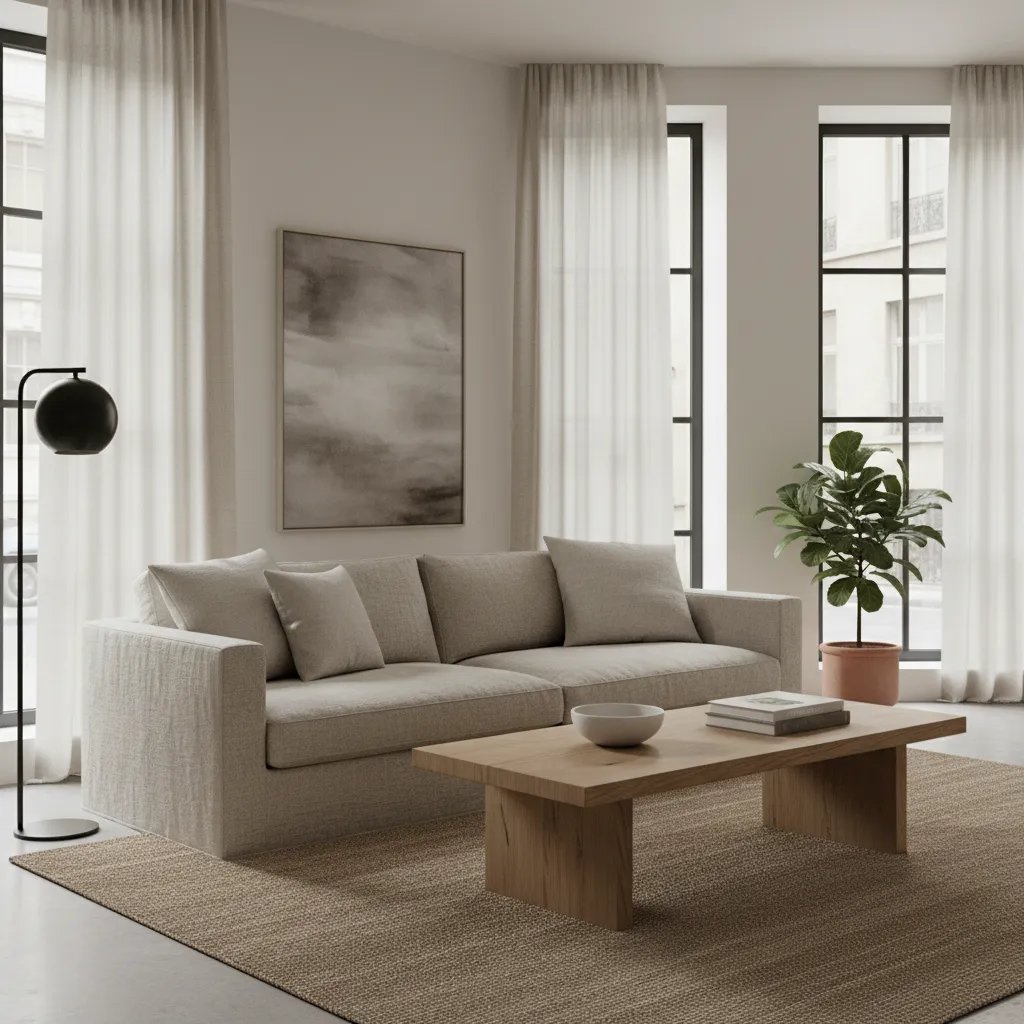 Salón moderno con muebles neutros y materiales naturales