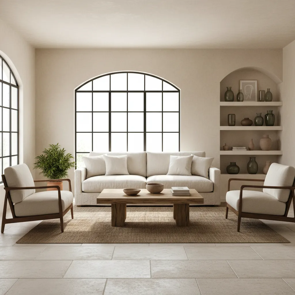 Salón contemporáneo bien distribuido con sofá, iluminación natural y decoración minimalista