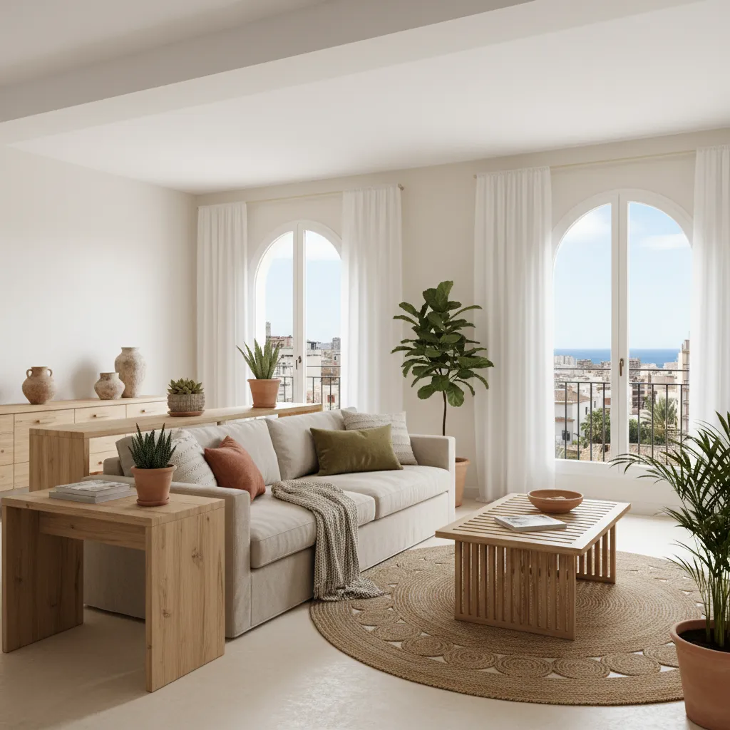 Mediterranean living room with beige sofa, wooden coffee table, round rug, and arched windows showing sea