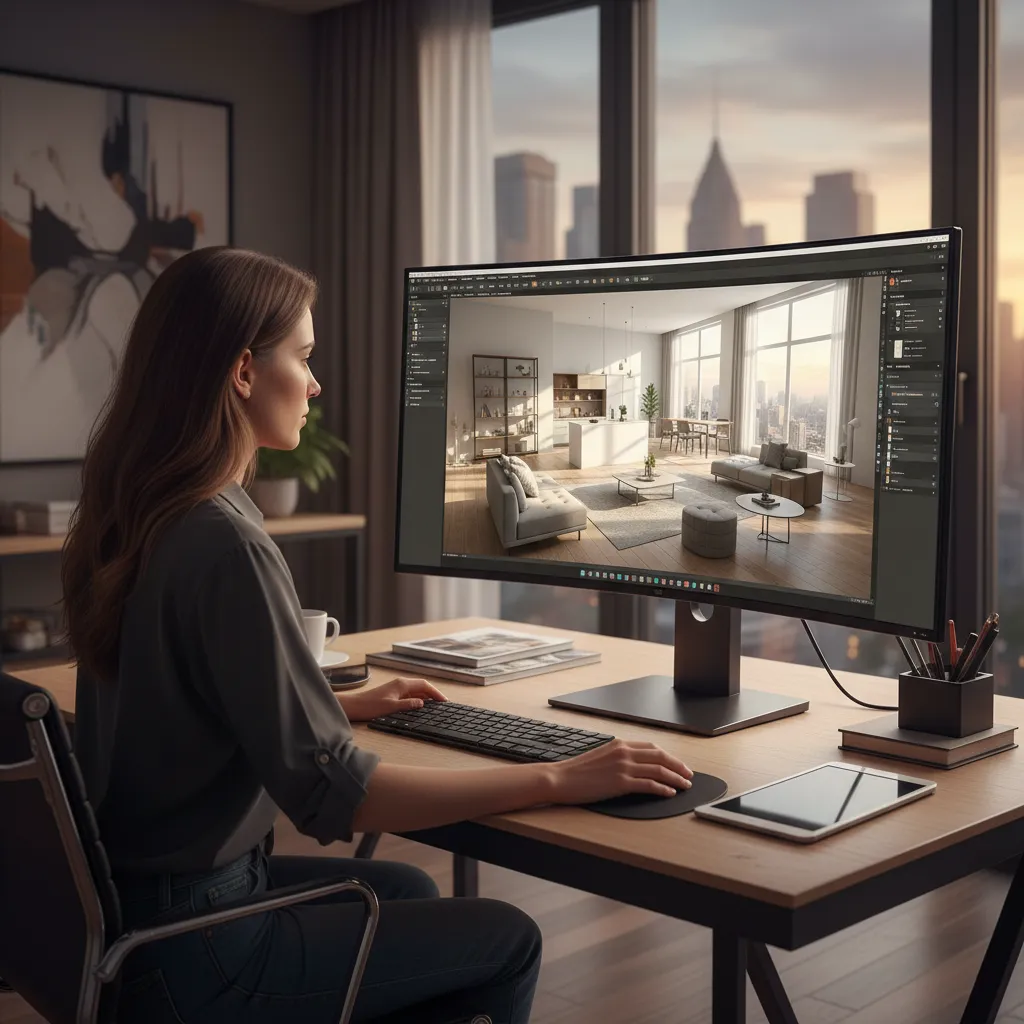diseñador trabajando en un software de interiorismo en 3D