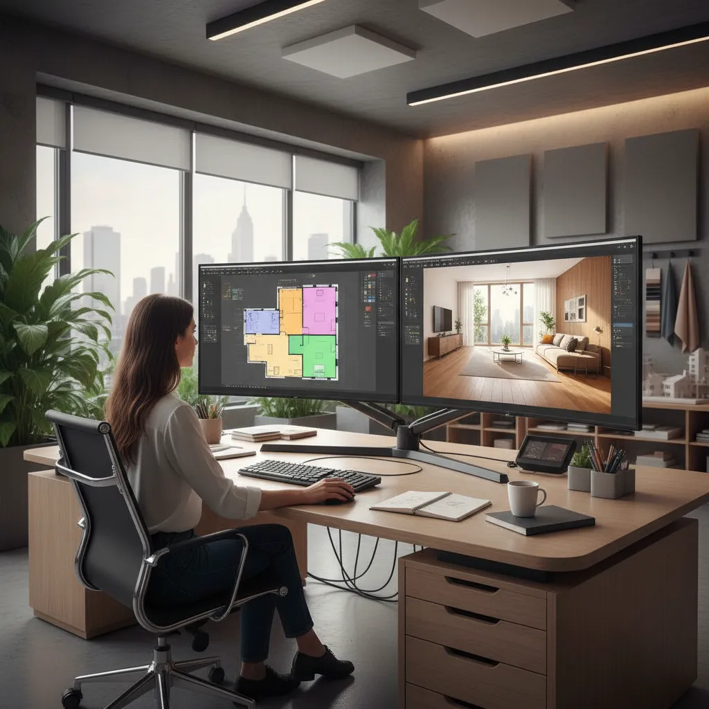 Diseñador trabajando en un plano 3D de interior en ordenador