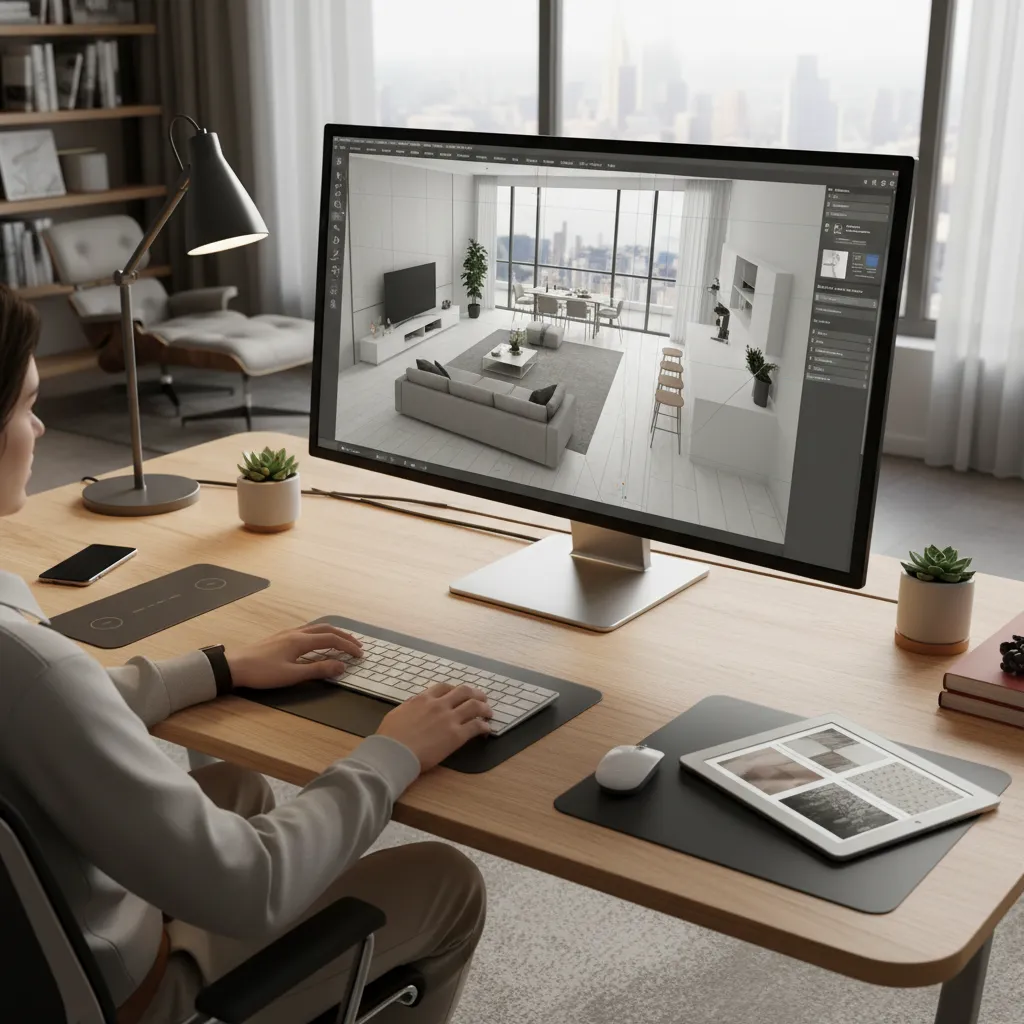 Designer using Coohom to create a 3D interior design drawing of a modern living room