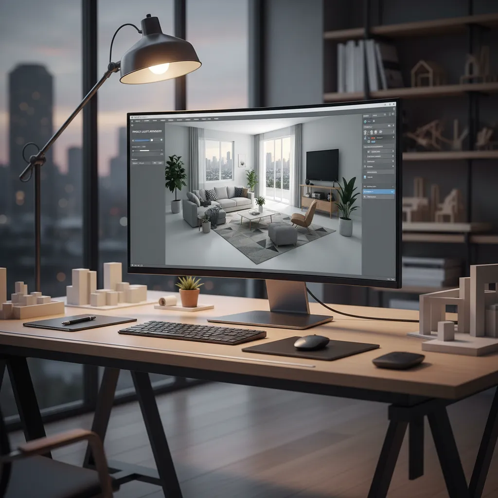 Pantalla mostrando software de diseño interior con muebles colocados en un plano digital