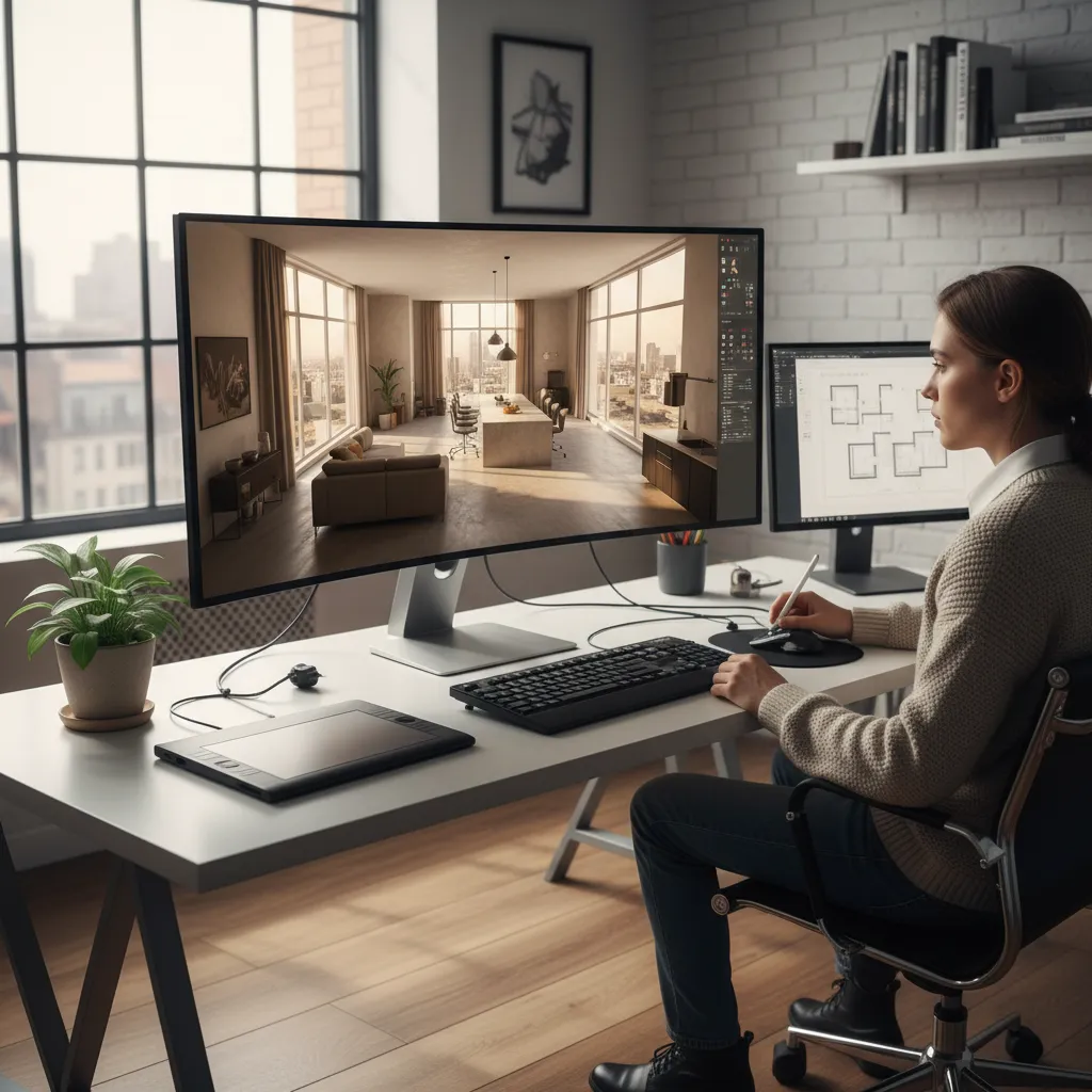 Estudiante creando un modelo 3D de un apartamento en ordenador