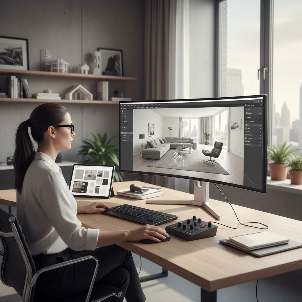 Woman using interior design drawing software on large monitor at desk in modern home office