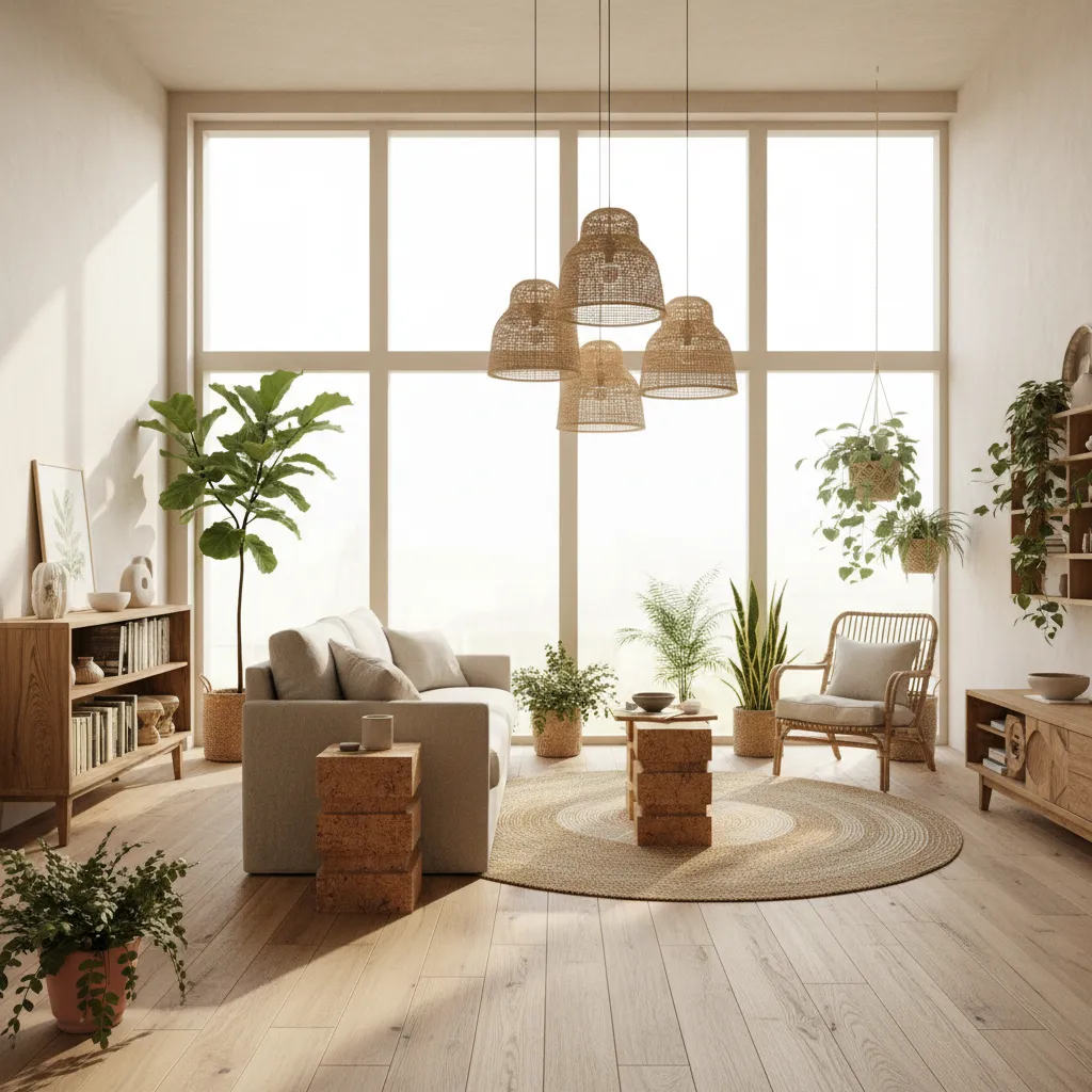 Interior ecológico con materiales naturales y plantas