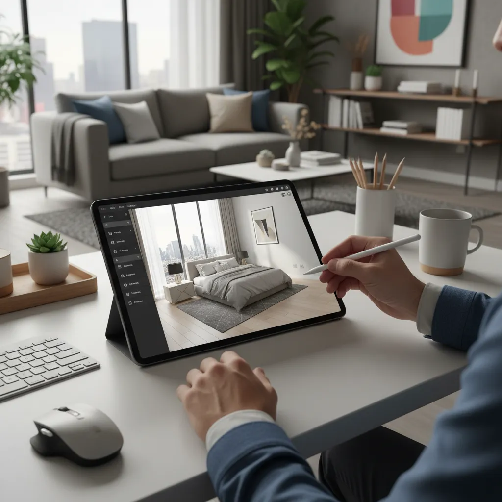 Persona diseñando una habitación usando una tablet con software de interiorismo