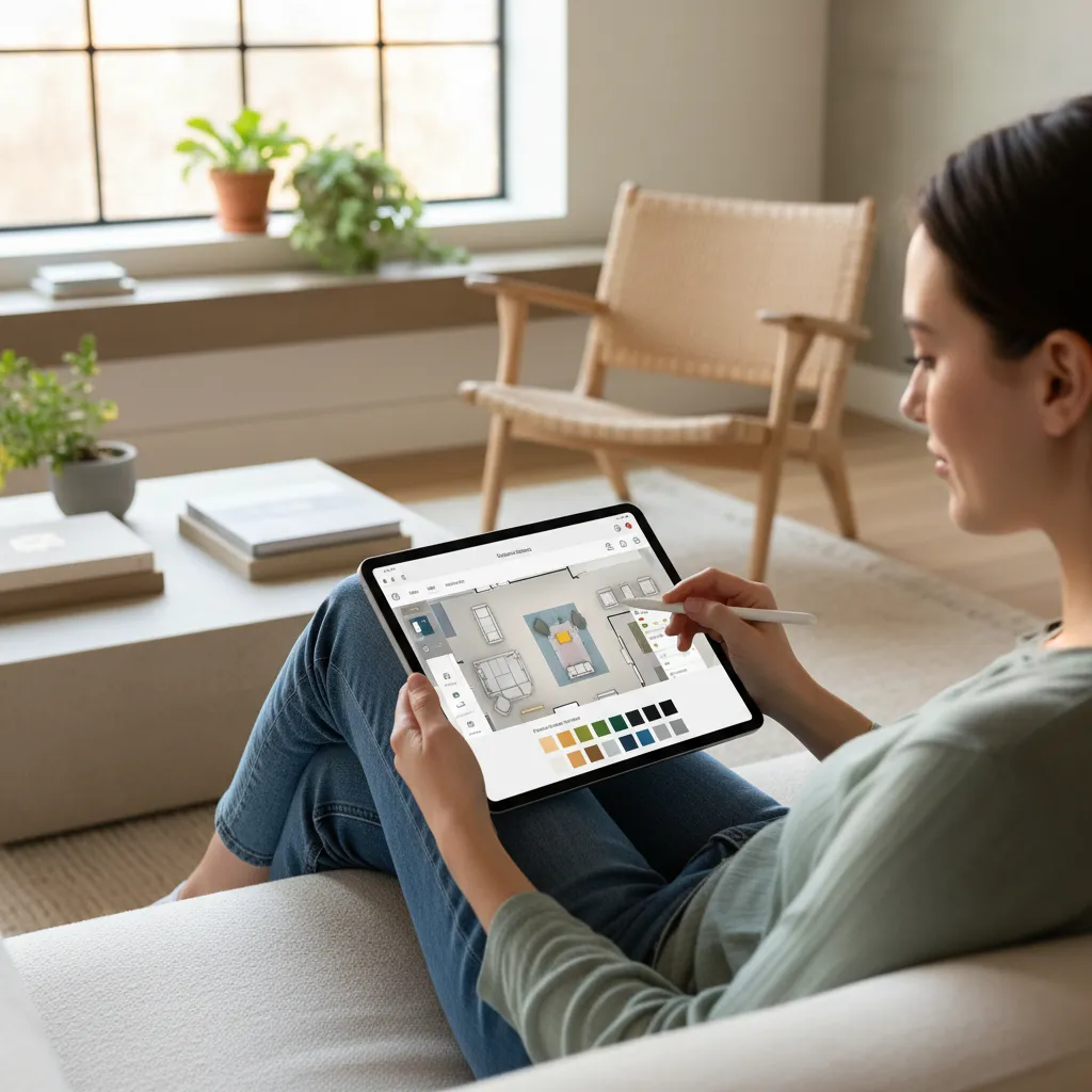 Persona diseñando la distribución de una habitación en una tablet