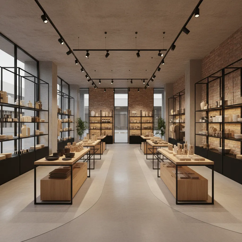 Diseño interior 3D de una tienda con estanterías y zona de exposición