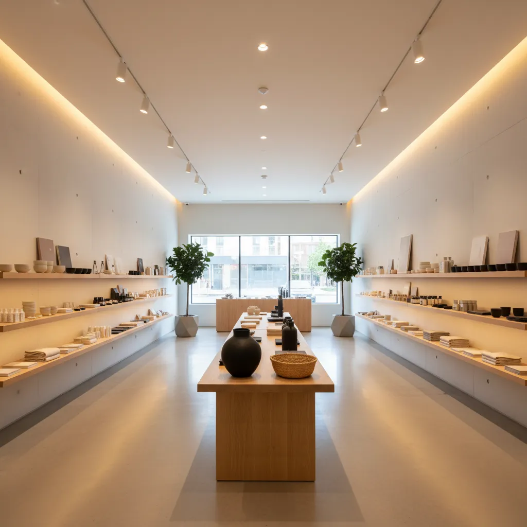 Interior de tienda moderna con mobiliario minimalista y iluminación comercial