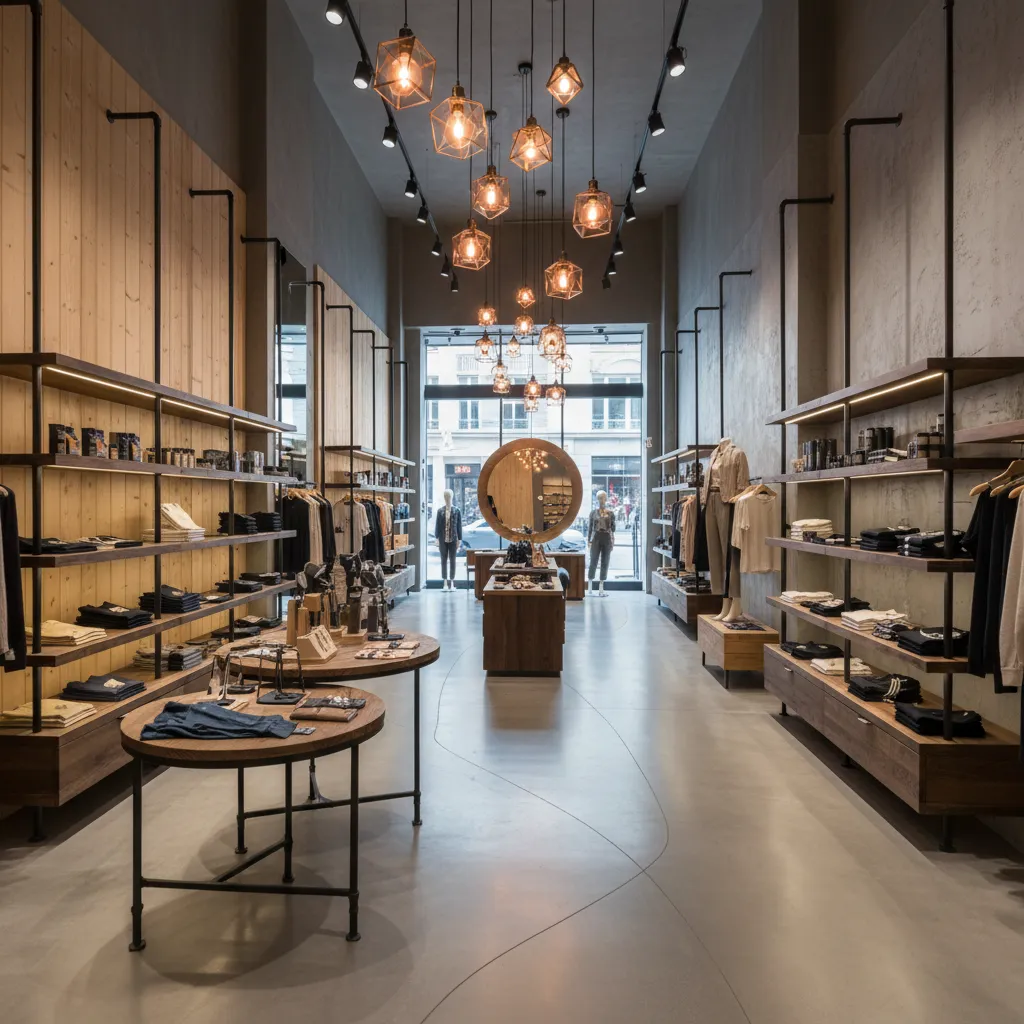 Diseño interior moderno de tienda con recorrido claro