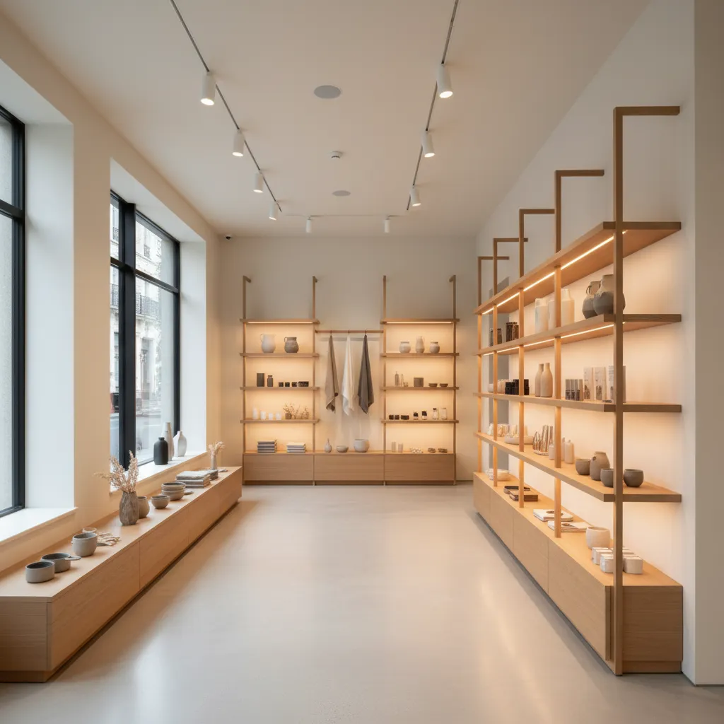 Interior de tienda moderna con recorrido claro y exposición de productos