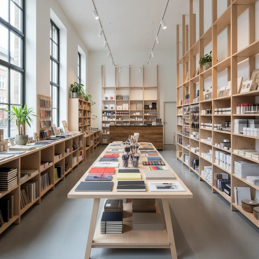 Modern stationery shop featuring wooden shelves central display table large windows ceiling lights and decor