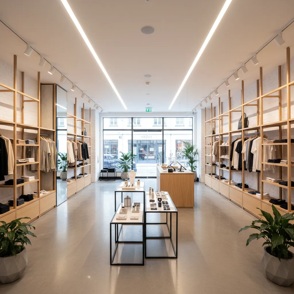 Bright retail store with tall wooden shelves linear ceiling lights white walls and floor plants