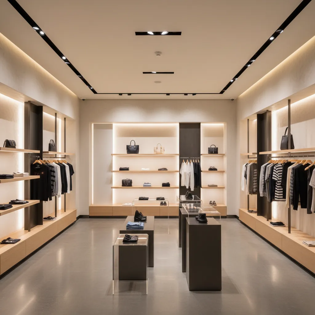 Modern minimalist retail clothing store with wooden shelves hanging clothes bags and warm ceiling lights