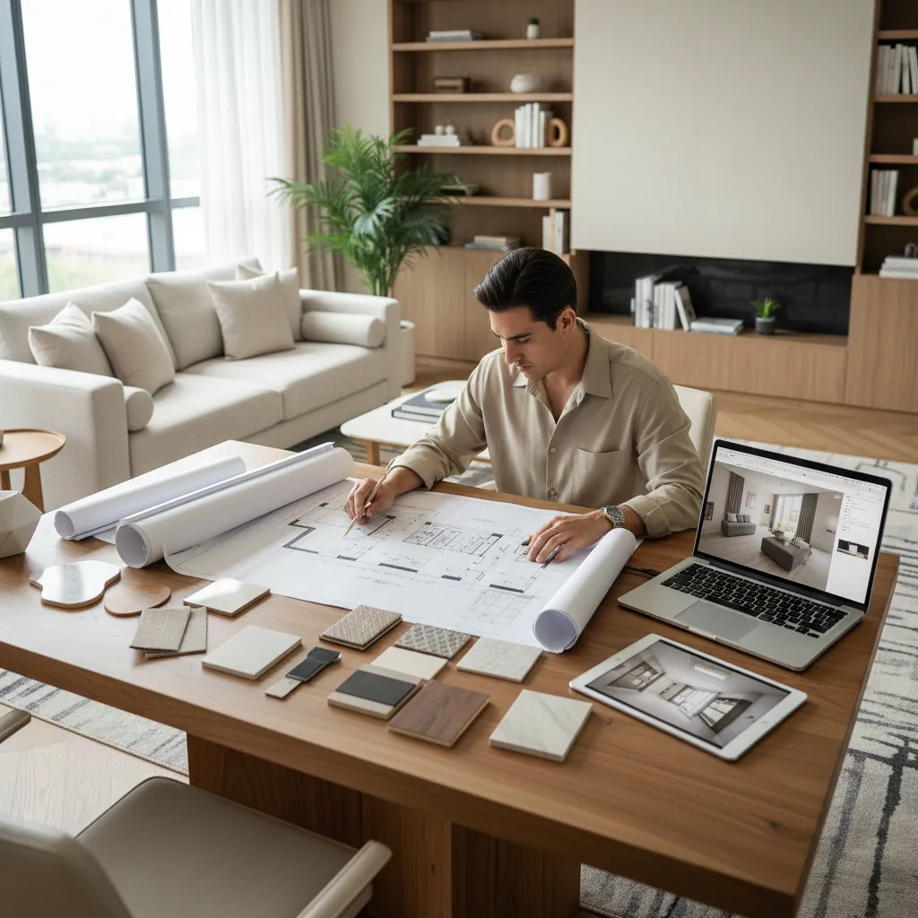 Interior designer working on floor plan with laptop tablet and material samples on wooden desk