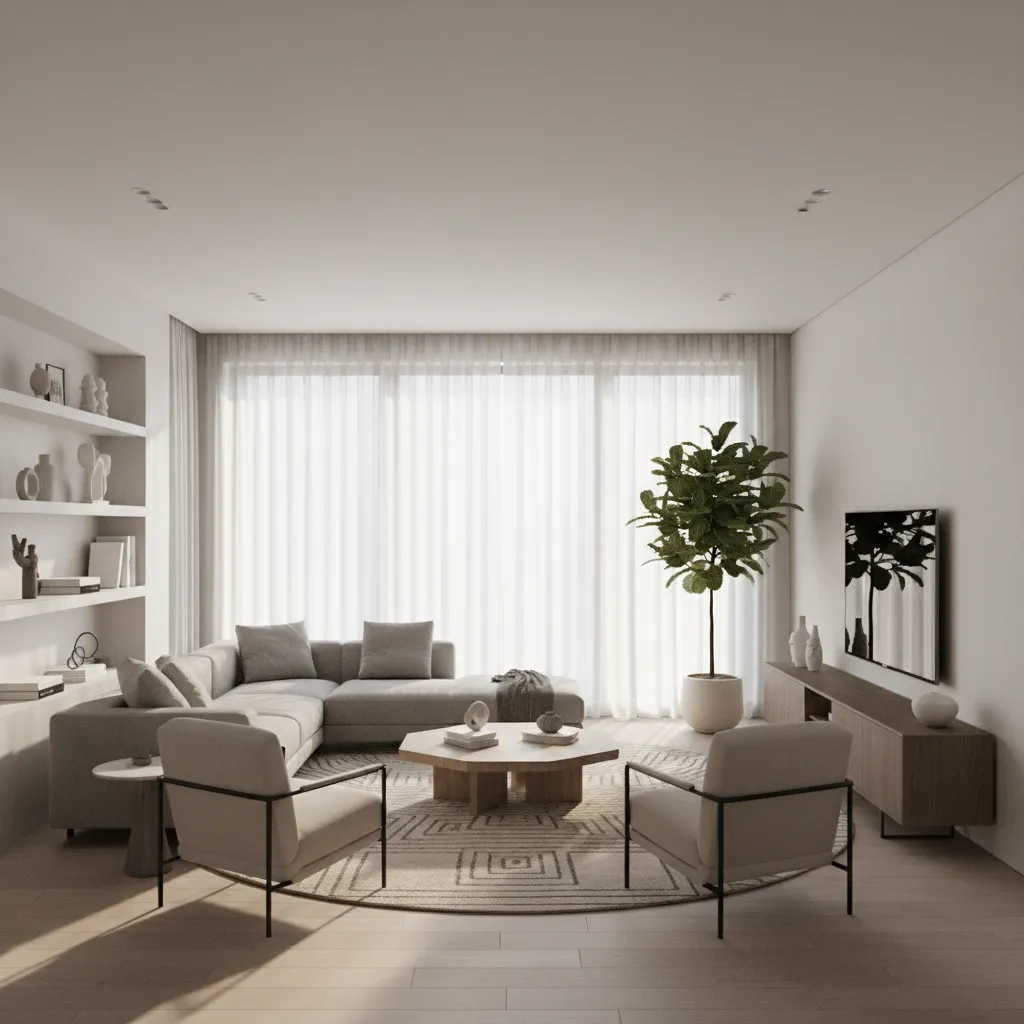 Visualización 3D realista de un salón diseñado digitalmente