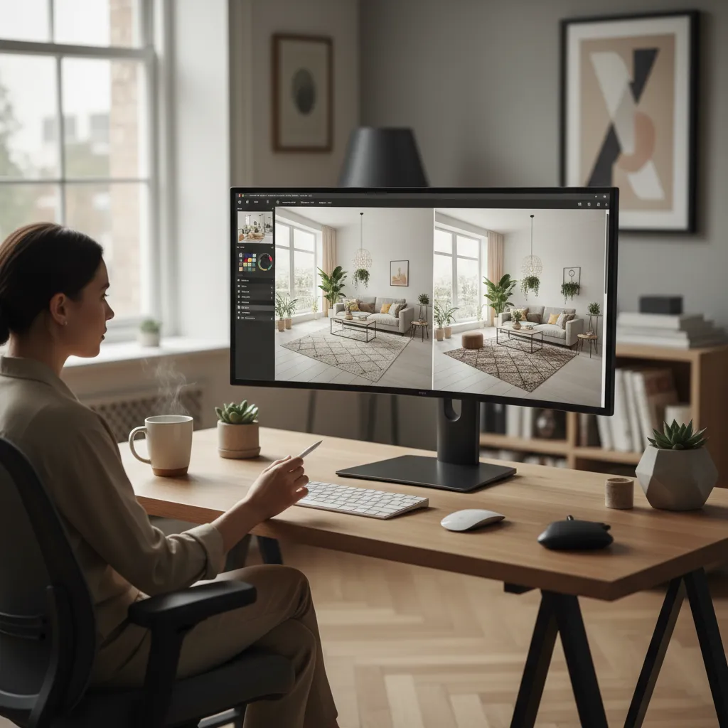 Persona probando diferentes estilos de interior en un programa digital