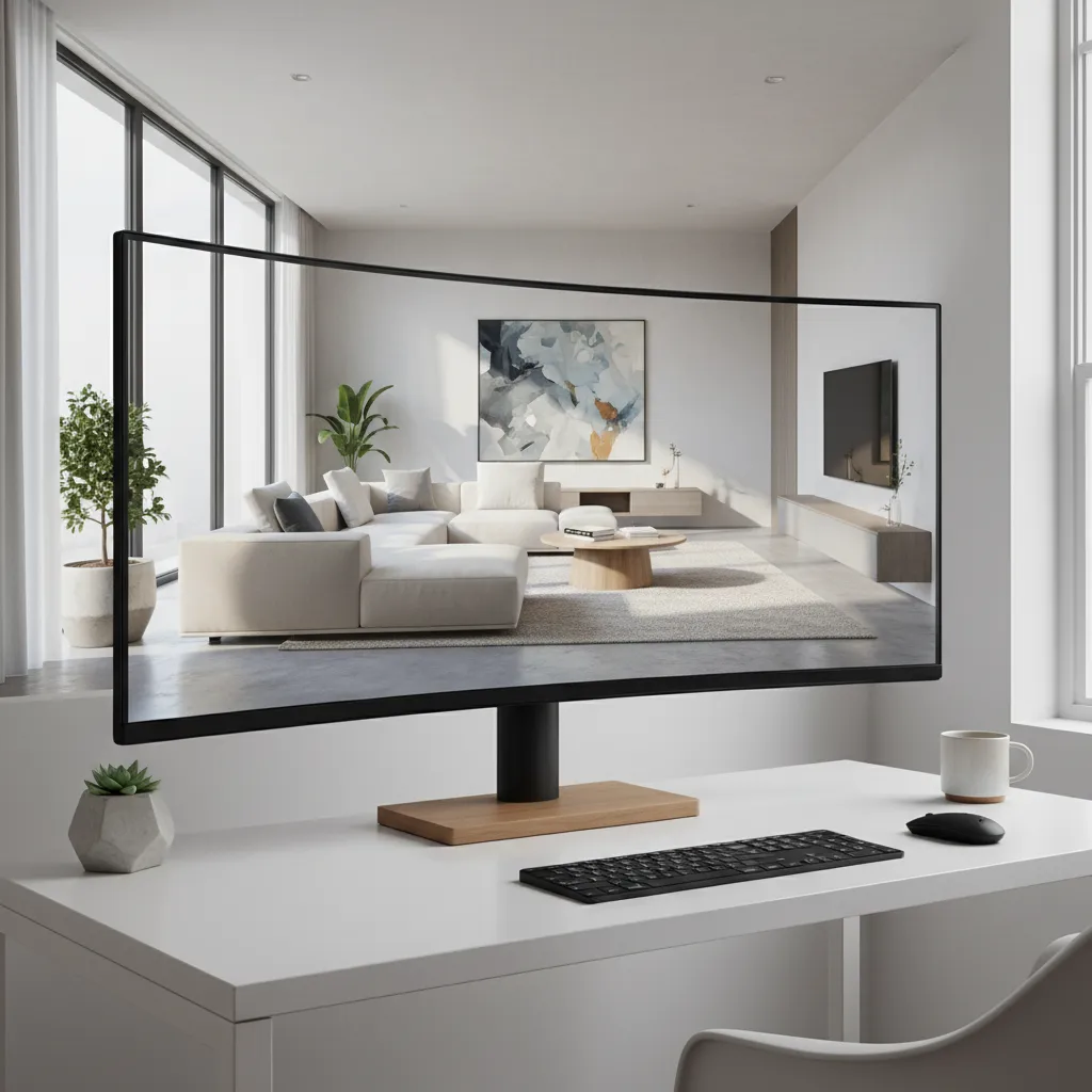 Computer monitor on white desk showing interior design drawing of modern living room with sofa