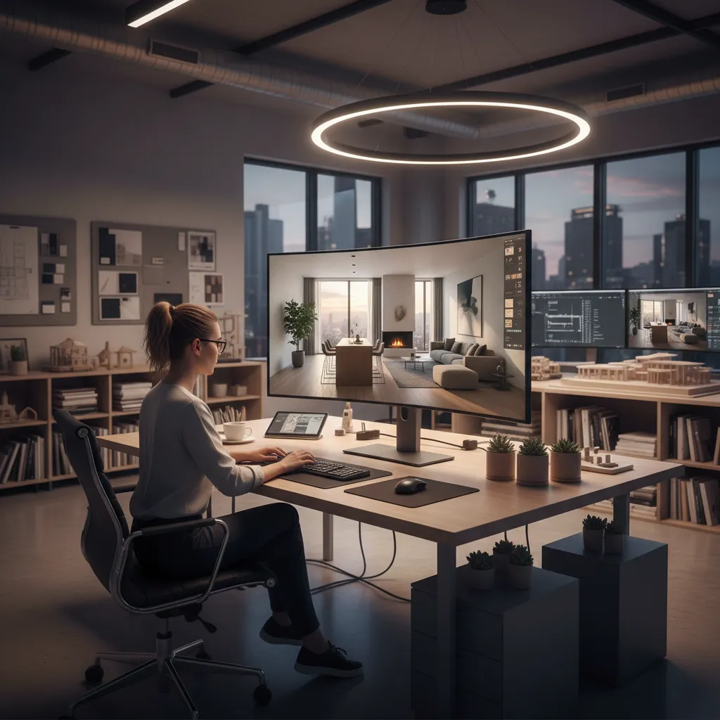 Pantalla mostrando visualización 3D de un apartamento diseñado digitalmente