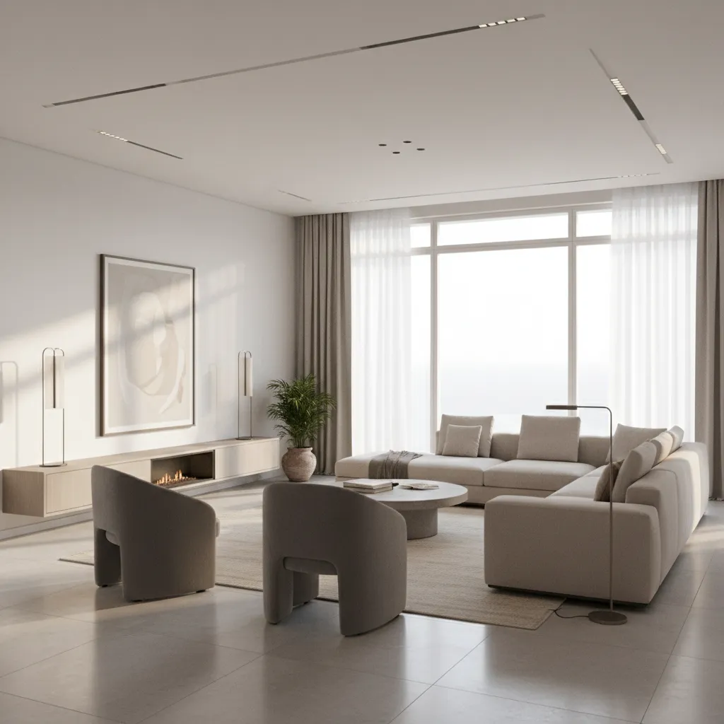 Render 3D de un salón moderno para planificación de interiores