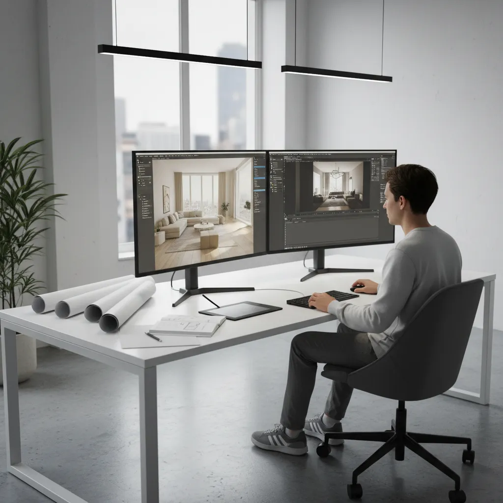 estudiante creando render 3D de interior en ordenador