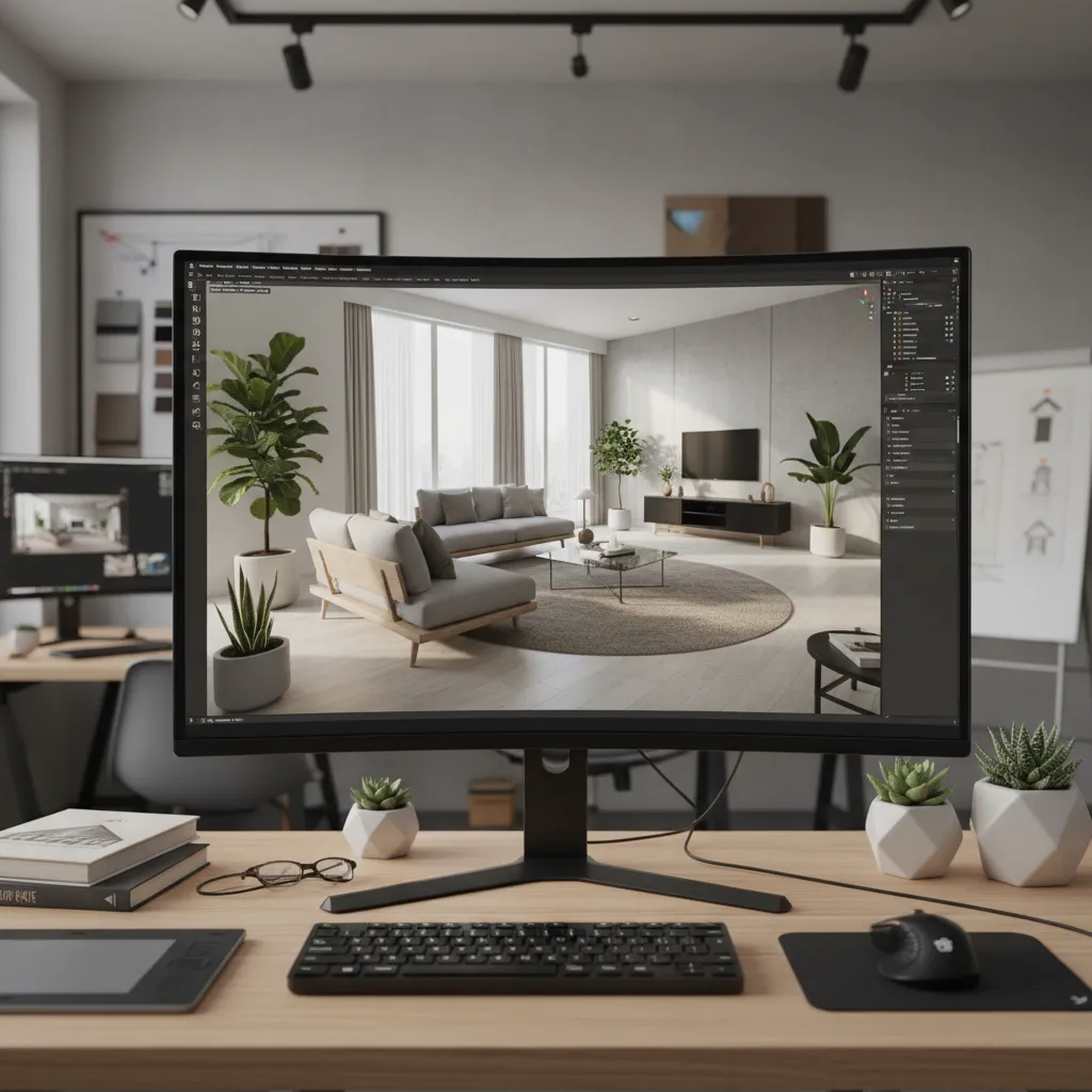 Computer monitor showing interior design software with modern living room design on a wooden desk