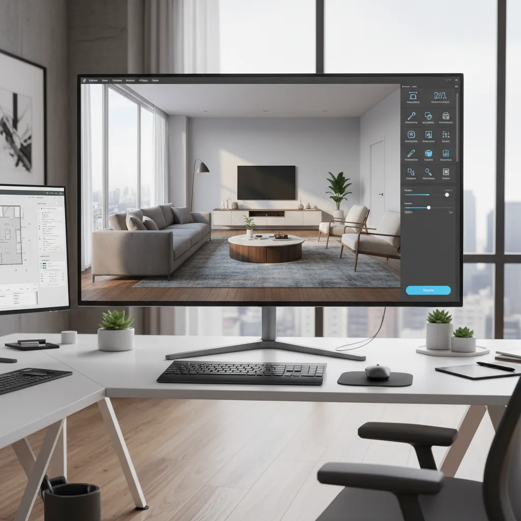Pantalla con modelo 3D de un salón diseñado digitalmente