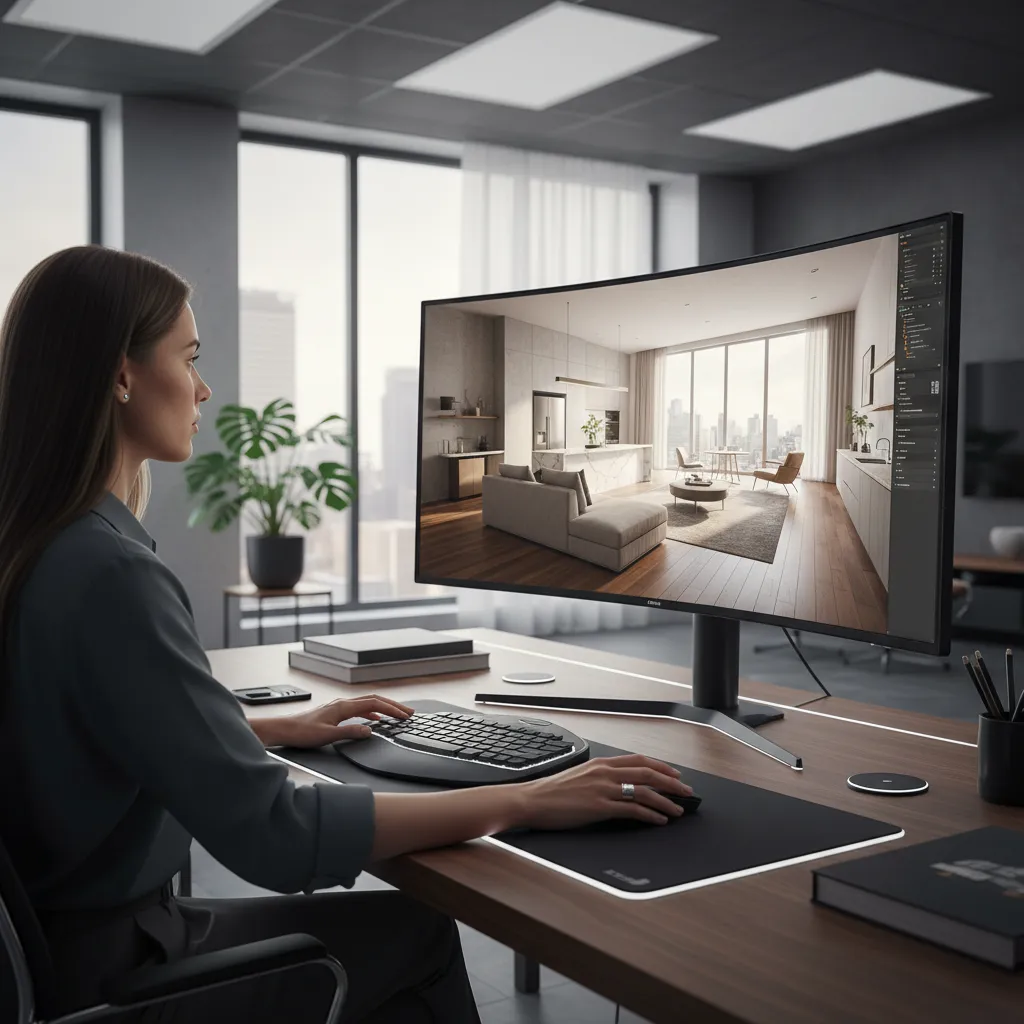 Woman working on a large computer screen showing a modern living room interior design drawing