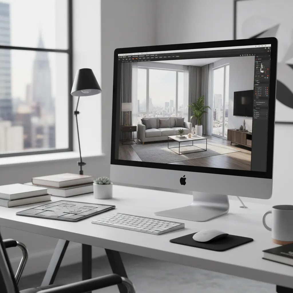 Modelo 3D de apartamento mostrado en pantalla de ordenador