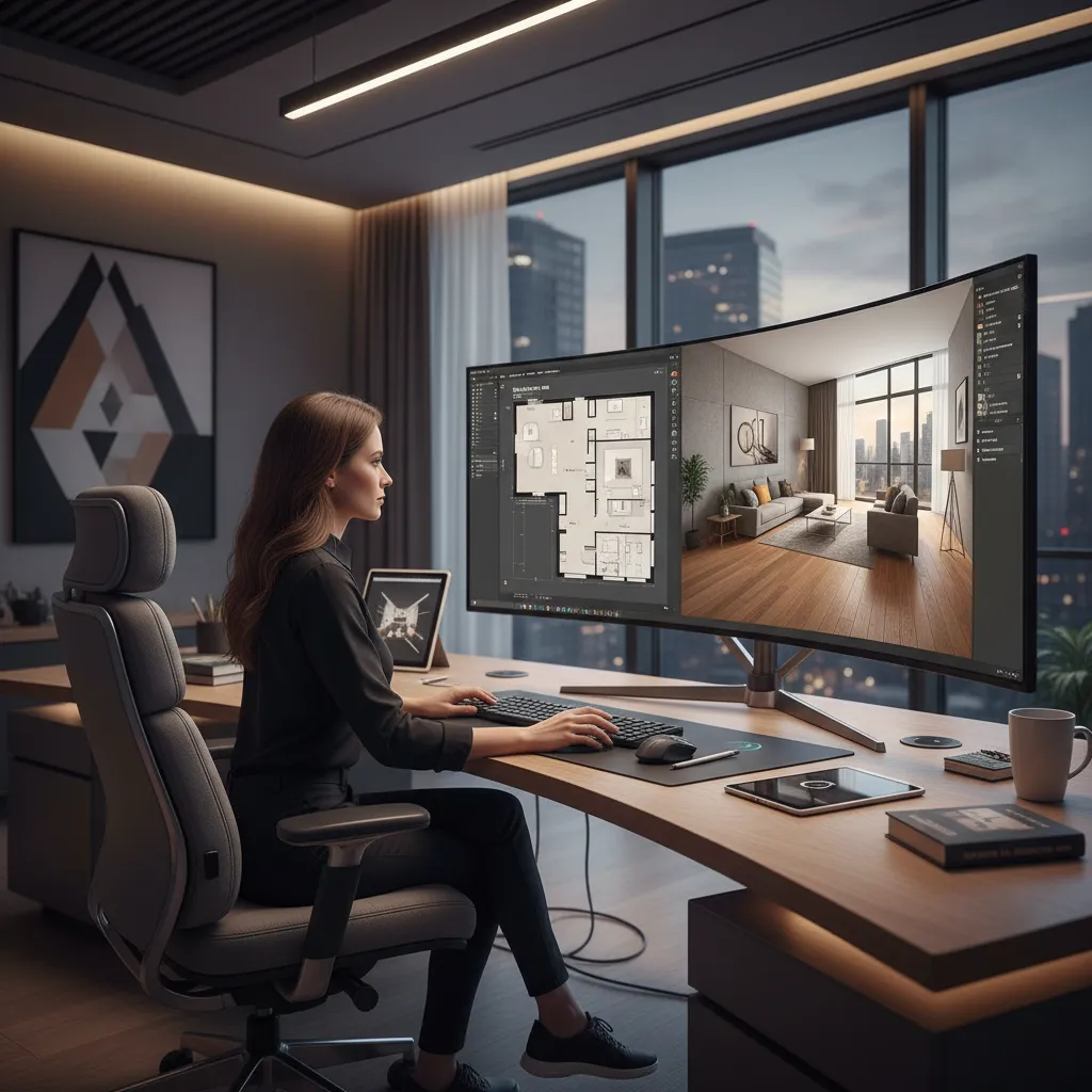 Diseñador de interiores trabajando con modelo 3D en ordenador