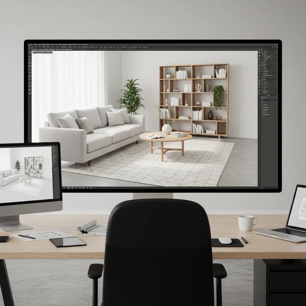 Computer monitor showing interior design software with 3D living room drawing on a wooden desk